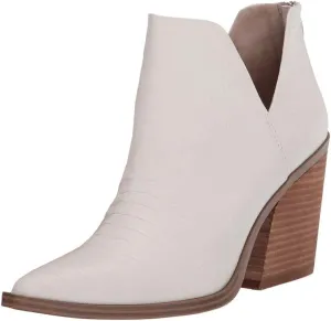 Kathemoi Womens Slip on Ankle Boots V Cutout Pointed Toe Chunky Stacked Mid Heel Booties
