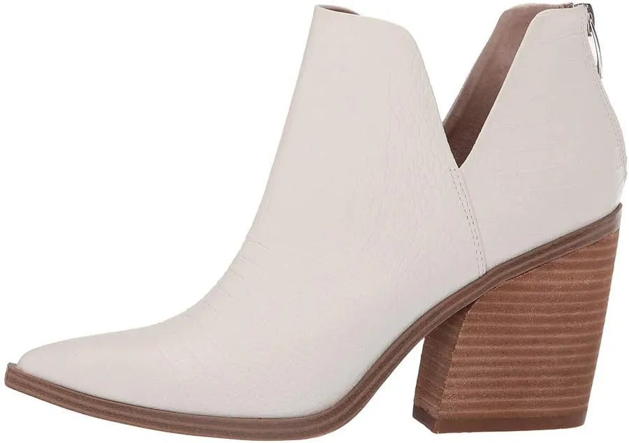 Kathemoi Womens Slip on Ankle Boots V Cutout Pointed Toe Chunky Stacked Mid Heel Booties