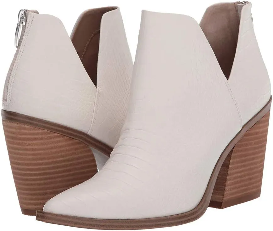 Kathemoi Womens Slip on Ankle Boots V Cutout Pointed Toe Chunky Stacked Mid Heel Booties