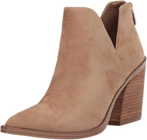 Kathemoi Womens Slip on Ankle Boots V Cutout Pointed Toe Chunky Stacked Mid Heel Booties