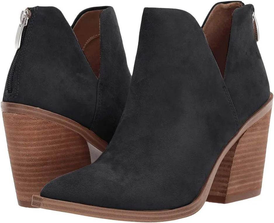 Kathemoi Womens Slip on Ankle Boots V Cutout Pointed Toe Chunky Stacked Mid Heel Booties