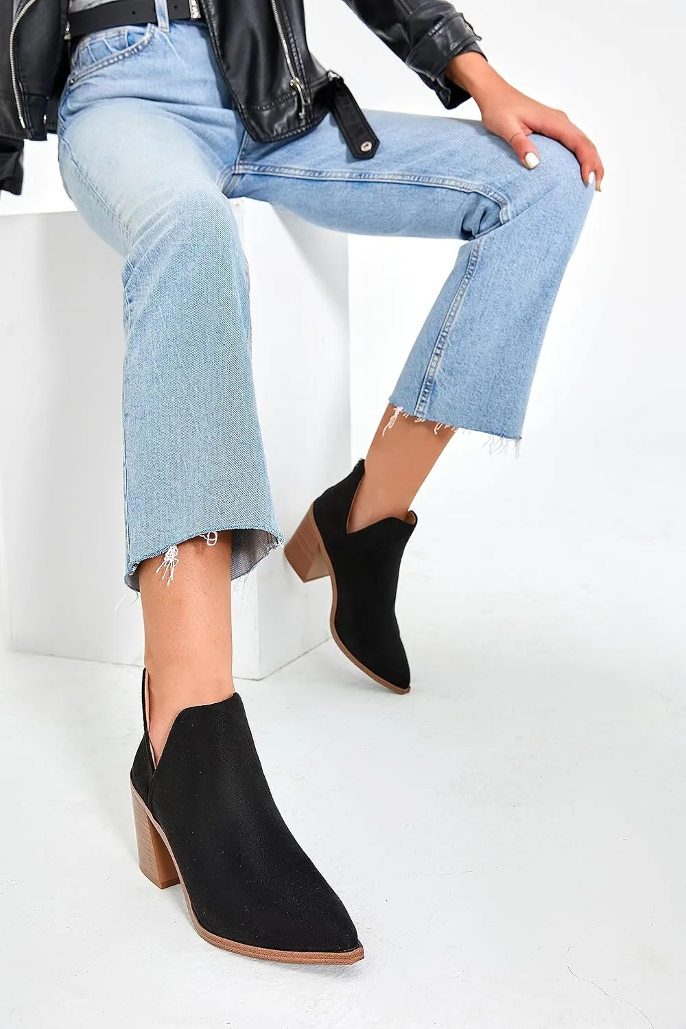 Kathemoi Womens Slip on Ankle Boots V Cutout Pointed Toe Chunky Stacked Mid Heel Booties