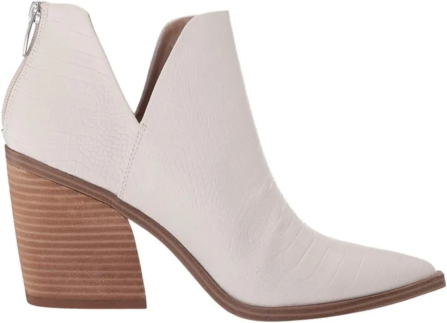 Kathemoi Womens Slip on Ankle Boots V Cutout Pointed Toe Chunky Stacked Mid Heel Booties