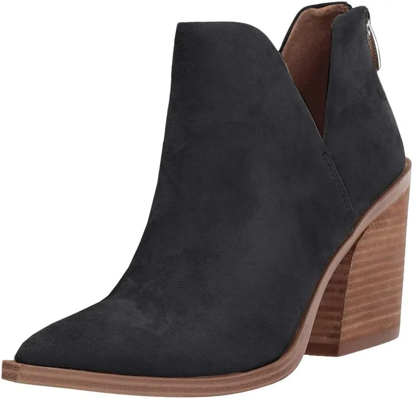 Kathemoi Womens Slip on Ankle Boots V Cutout Pointed Toe Chunky Stacked Mid Heel Booties