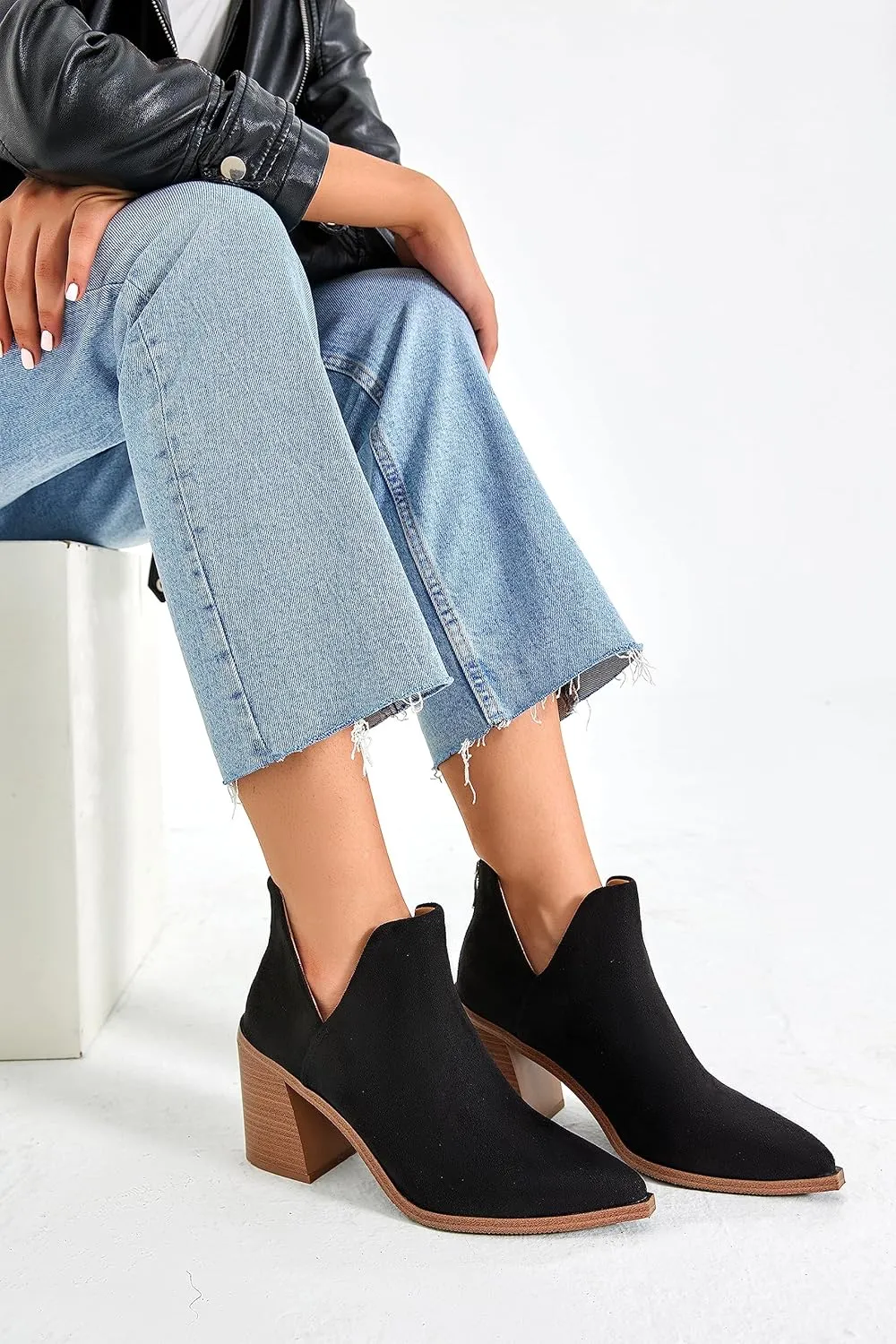 Kathemoi Womens Slip on Ankle Boots V Cutout Pointed Toe Chunky Stacked Mid Heel Booties