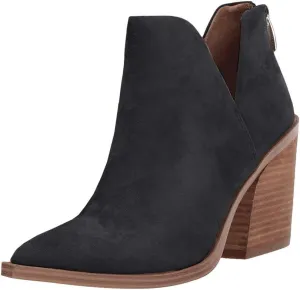 Kathemoi Womens Slip on Ankle Boots V Cutout Pointed Toe Chunky Stacked Mid Heel Booties