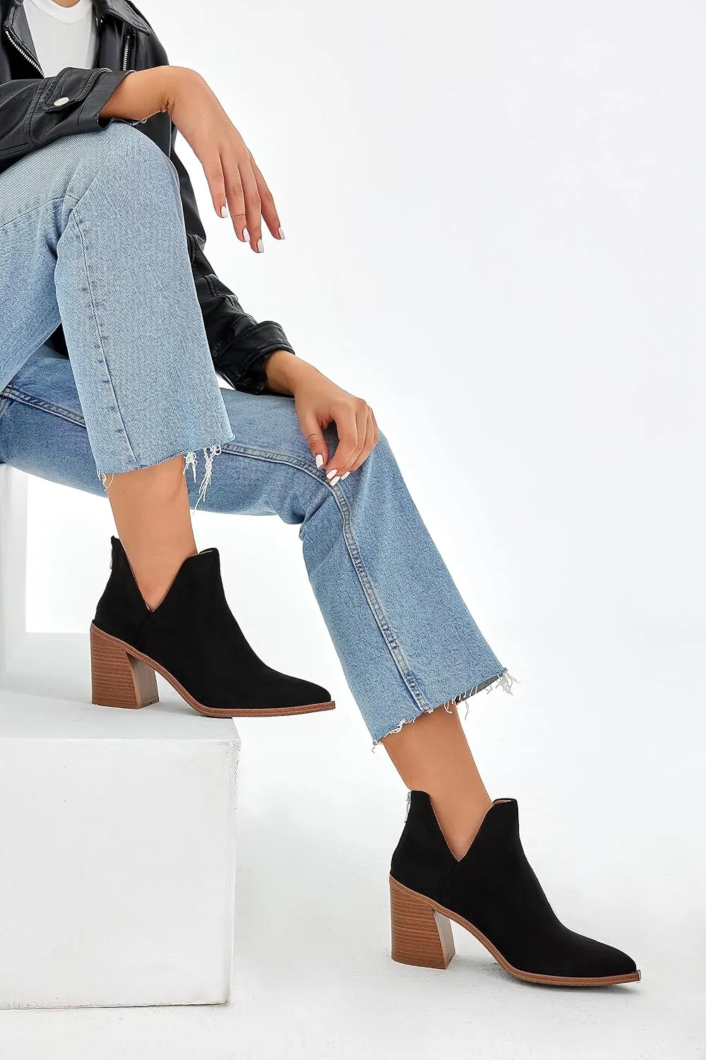 Kathemoi Womens Slip on Ankle Boots V Cutout Pointed Toe Chunky Stacked Mid Heel Booties