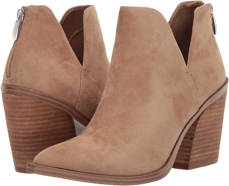 Kathemoi Womens Slip on Ankle Boots V Cutout Pointed Toe Chunky Stacked Mid Heel Booties