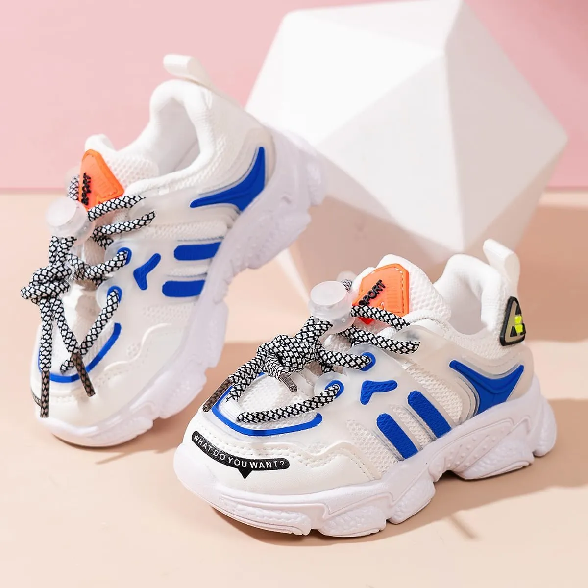 Kids Athletic Sneakers, Chunky Running Shoes, White and Blue with Mesh Design