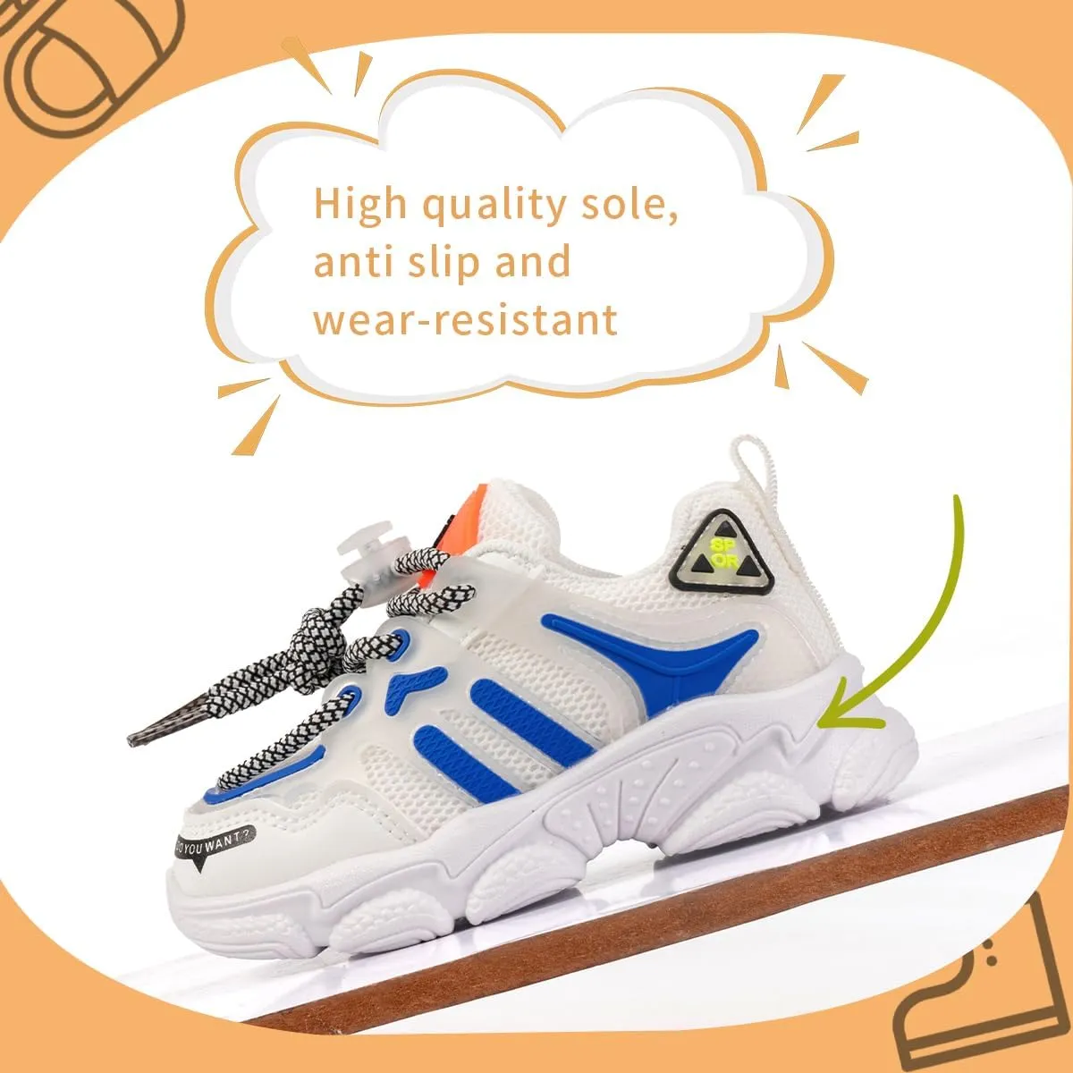 Kids Athletic Sneakers, Chunky Running Shoes, White and Blue with Mesh Design