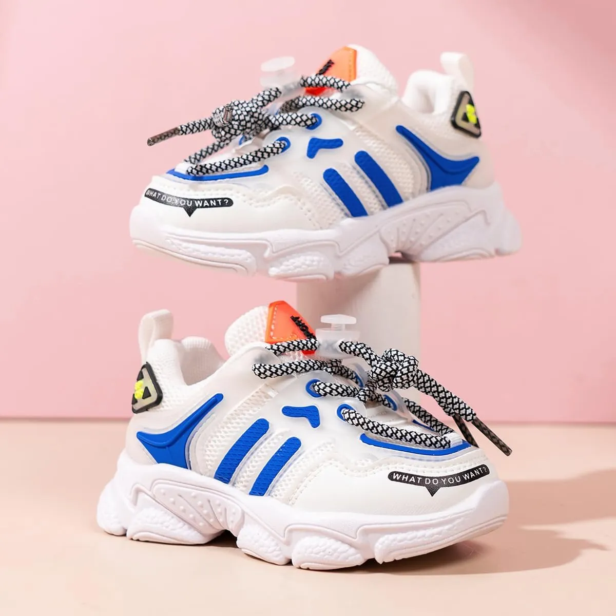 Kids Athletic Sneakers, Chunky Running Shoes, White and Blue with Mesh Design