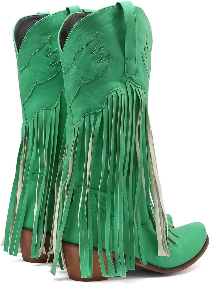 KISSASA Fringe Denim Cowgirl Boots Pointed Toe Mid Claf Cowboy Boots Chunky Stacked Heel Western Boots