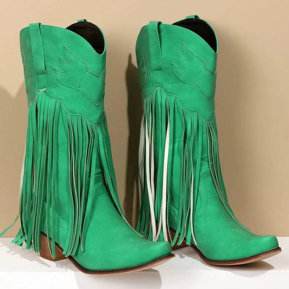KISSASA Fringe Denim Cowgirl Boots Pointed Toe Mid Claf Cowboy Boots Chunky Stacked Heel Western Boots