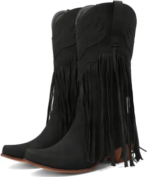 KISSASA Fringe Denim Cowgirl Boots Pointed Toe Mid Claf Cowboy Boots Chunky Stacked Heel Western Boots
