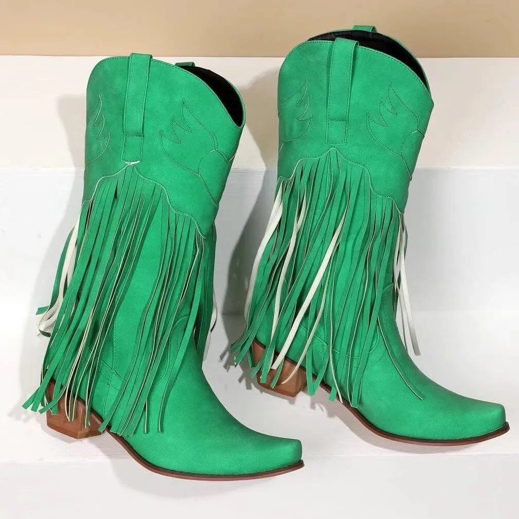 KISSASA Fringe Denim Cowgirl Boots Pointed Toe Mid Claf Cowboy Boots Chunky Stacked Heel Western Boots
