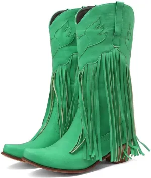 KISSASA Fringe Denim Cowgirl Boots Pointed Toe Mid Claf Cowboy Boots Chunky Stacked Heel Western Boots