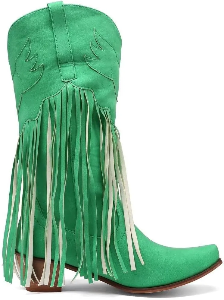 KISSASA Fringe Denim Cowgirl Boots Pointed Toe Mid Claf Cowboy Boots Chunky Stacked Heel Western Boots
