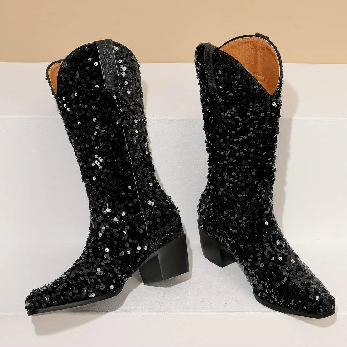 KISSASA Sequin Sparkly Mid Calf Cowboy Boots Glitter Wedding Chunky Heeled Cowgirl Boots