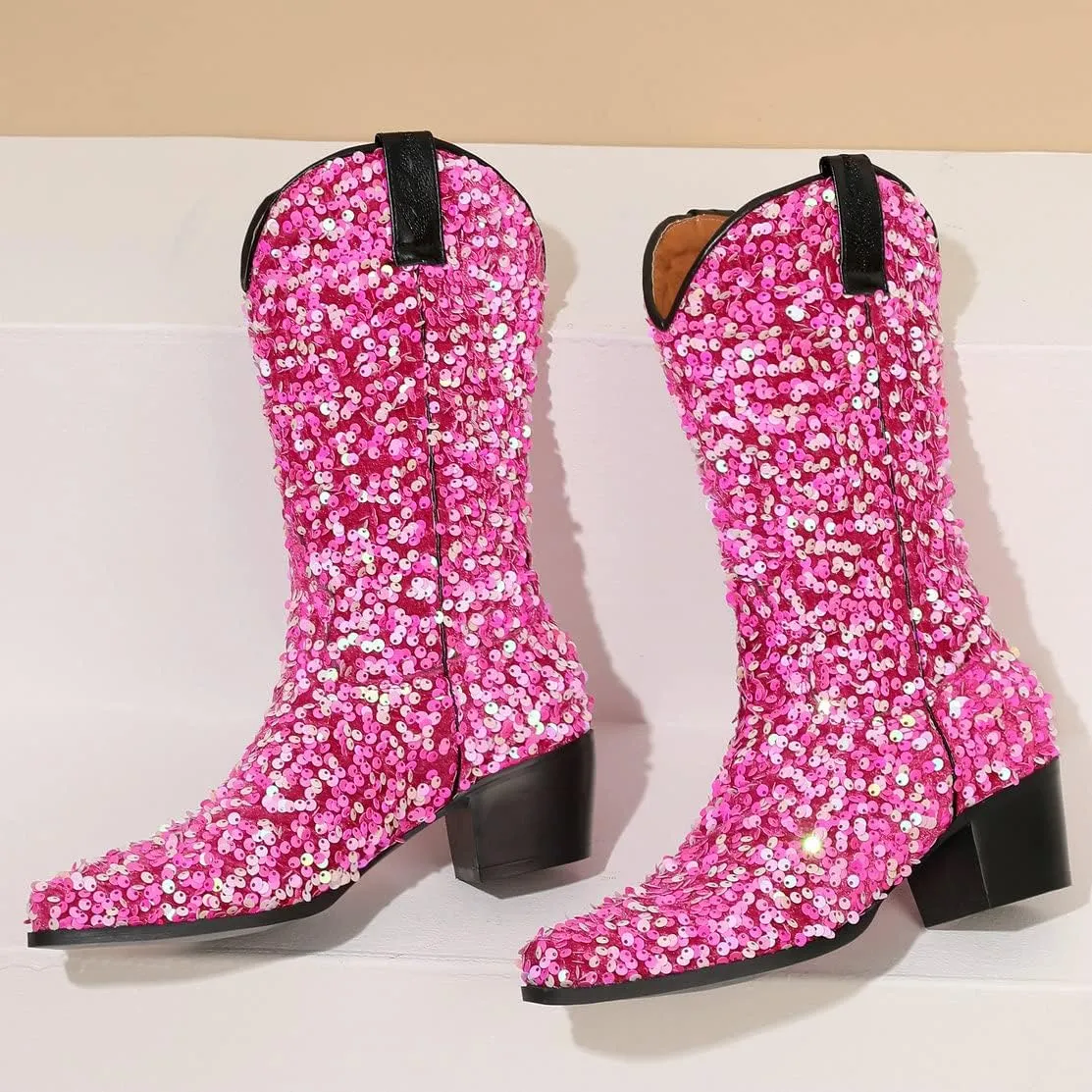 KISSASA Sequin Sparkly Mid Calf Cowboy Boots Glitter Wedding Chunky Heeled Cowgirl Boots