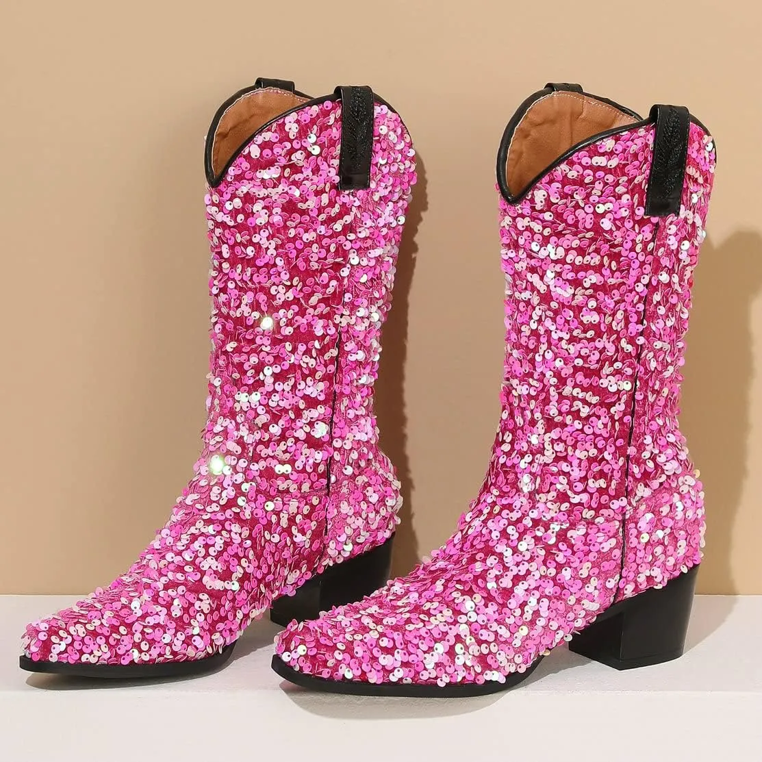 KISSASA Sequin Sparkly Mid Calf Cowboy Boots Glitter Wedding Chunky Heeled Cowgirl Boots
