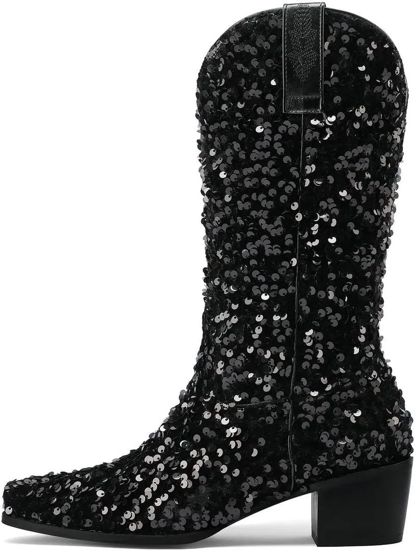 KISSASA Sequin Sparkly Mid Calf Cowboy Boots Glitter Wedding Chunky Heeled Cowgirl Boots