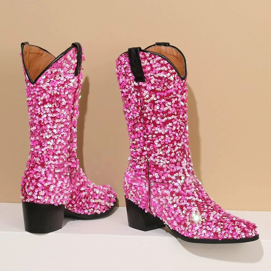 KISSASA Sequin Sparkly Mid Calf Cowboy Boots Glitter Wedding Chunky Heeled Cowgirl Boots