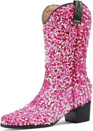 KISSASA Sequin Sparkly Mid Calf Cowboy Boots Glitter Wedding Chunky Heeled Cowgirl Boots