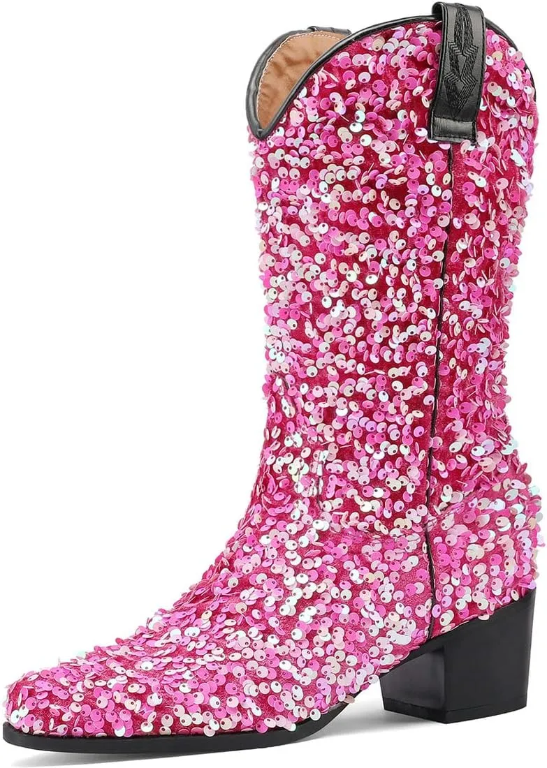 KISSASA Sequin Sparkly Mid Calf Cowboy Boots Glitter Wedding Chunky Heeled Cowgirl Boots