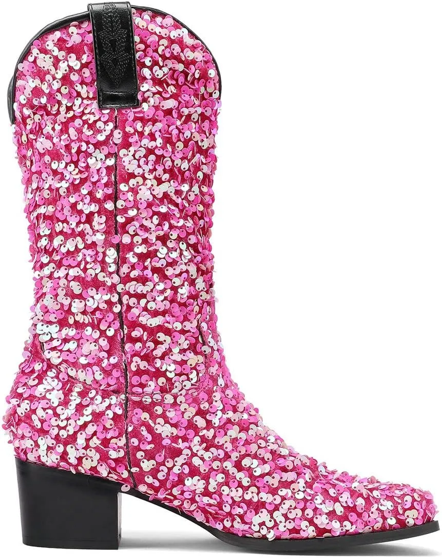 KISSASA Sequin Sparkly Mid Calf Cowboy Boots Glitter Wedding Chunky Heeled Cowgirl Boots