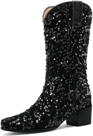 KISSASA Sequin Sparkly Mid Calf Cowboy Boots Glitter Wedding Chunky Heeled Cowgirl Boots