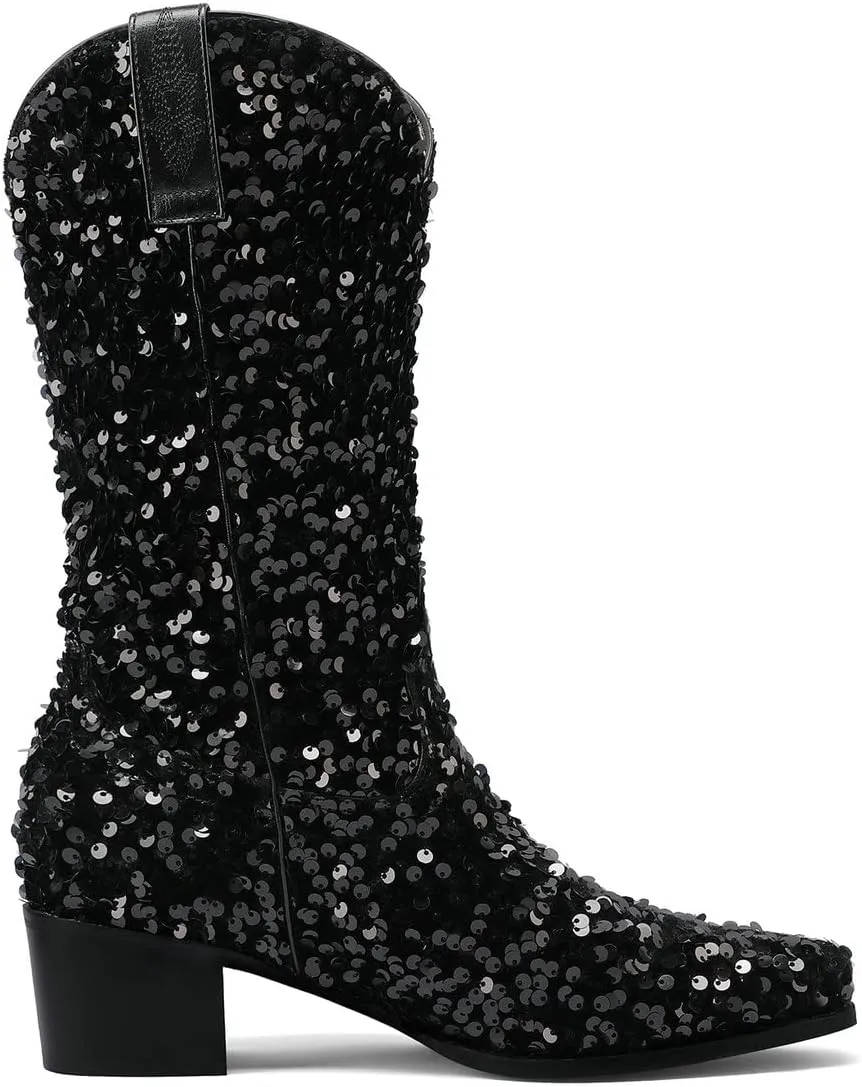 KISSASA Sequin Sparkly Mid Calf Cowboy Boots Glitter Wedding Chunky Heeled Cowgirl Boots