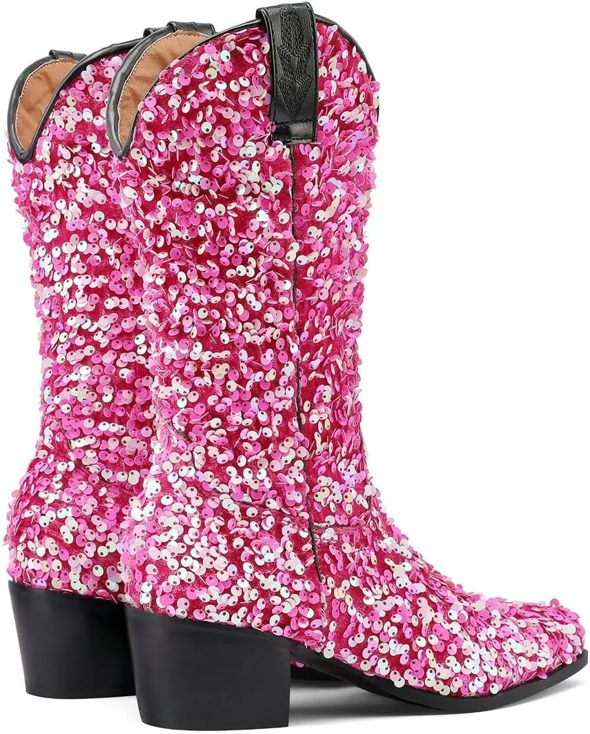 KISSASA Sequin Sparkly Mid Calf Cowboy Boots Glitter Wedding Chunky Heeled Cowgirl Boots