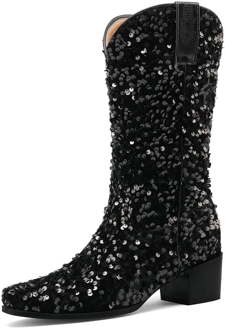 KISSASA Sequin Sparkly Mid Calf Cowboy Boots Glitter Wedding Chunky Heeled Cowgirl Boots