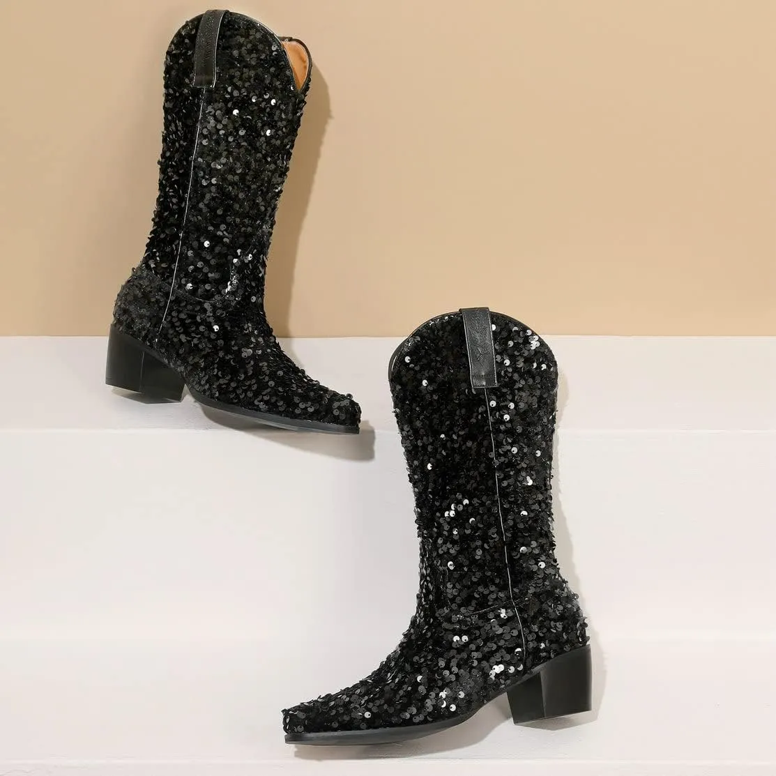 KISSASA Sequin Sparkly Mid Calf Cowboy Boots Glitter Wedding Chunky Heeled Cowgirl Boots