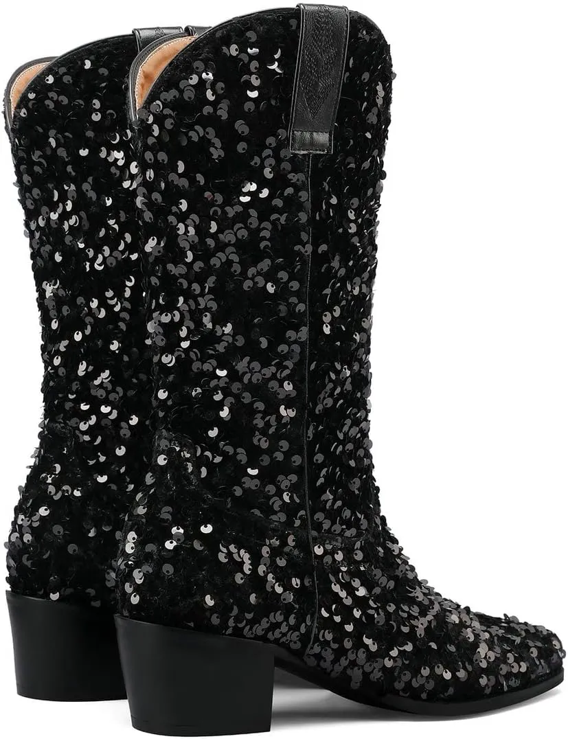 KISSASA Sequin Sparkly Mid Calf Cowboy Boots Glitter Wedding Chunky Heeled Cowgirl Boots
