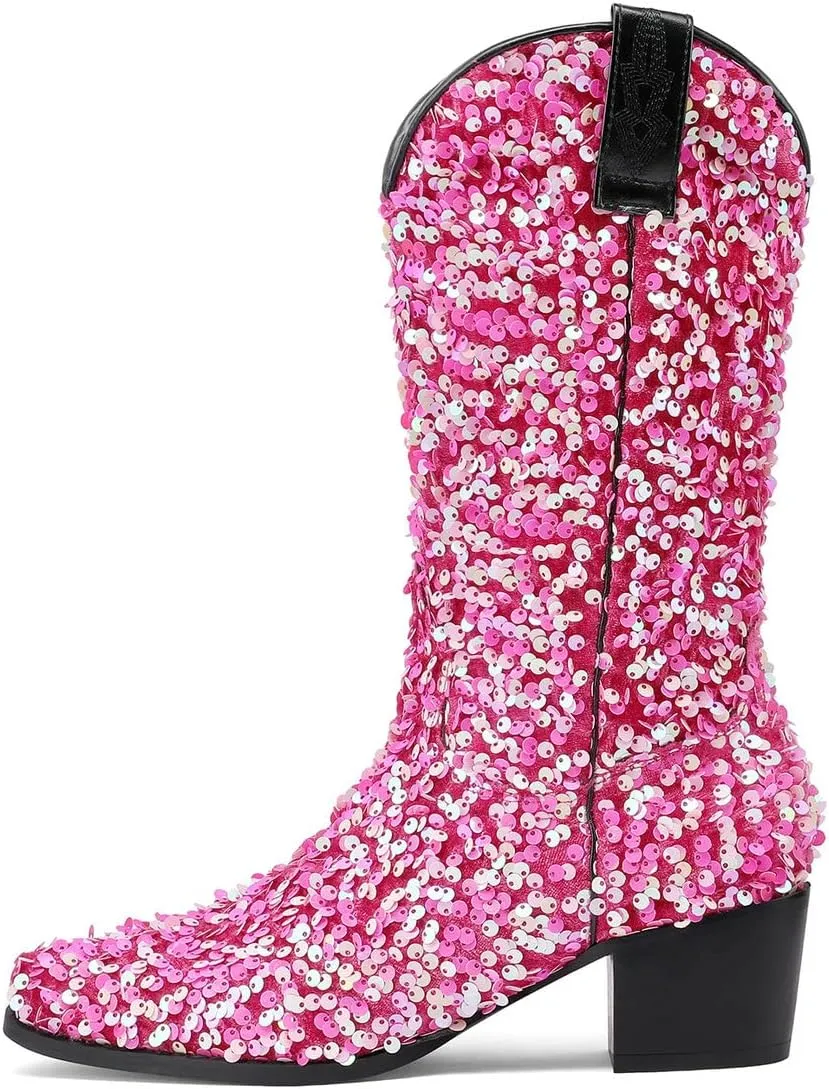 KISSASA Sequin Sparkly Mid Calf Cowboy Boots Glitter Wedding Chunky Heeled Cowgirl Boots