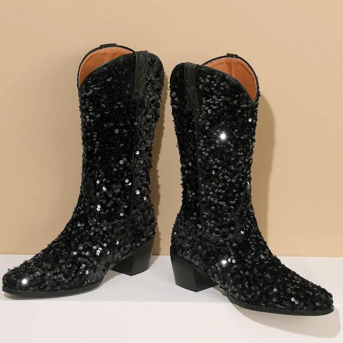 KISSASA Sequin Sparkly Mid Calf Cowboy Boots Glitter Wedding Chunky Heeled Cowgirl Boots