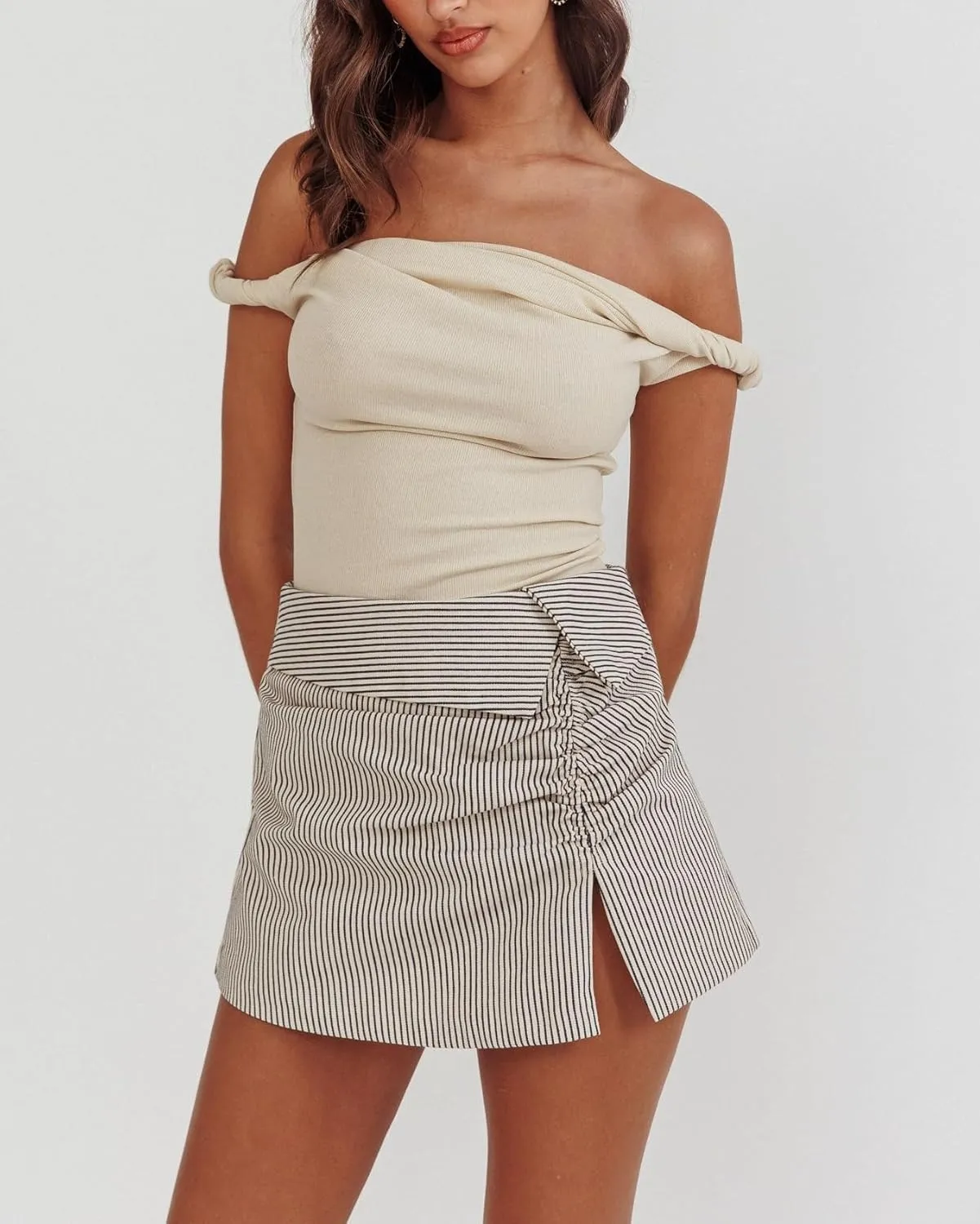 KMBANGI Women Off Shoulder Top Sleeveless Twist Strap Tank Tops Slim Fit Stretch Ruched Crop Top Going Out Y2k Bustier