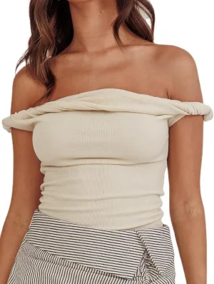 KMBANGI Women Off Shoulder Top Sleeveless Twist Strap Tank Tops Slim Fit Stretch Ruched Crop Top Going Out Y2k Bustier