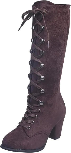 Knee High Boots for Women Chunky Heel Boots Medieval Victorian Boots Lace Up Mid Calf Boots Goth Cosplay Costume