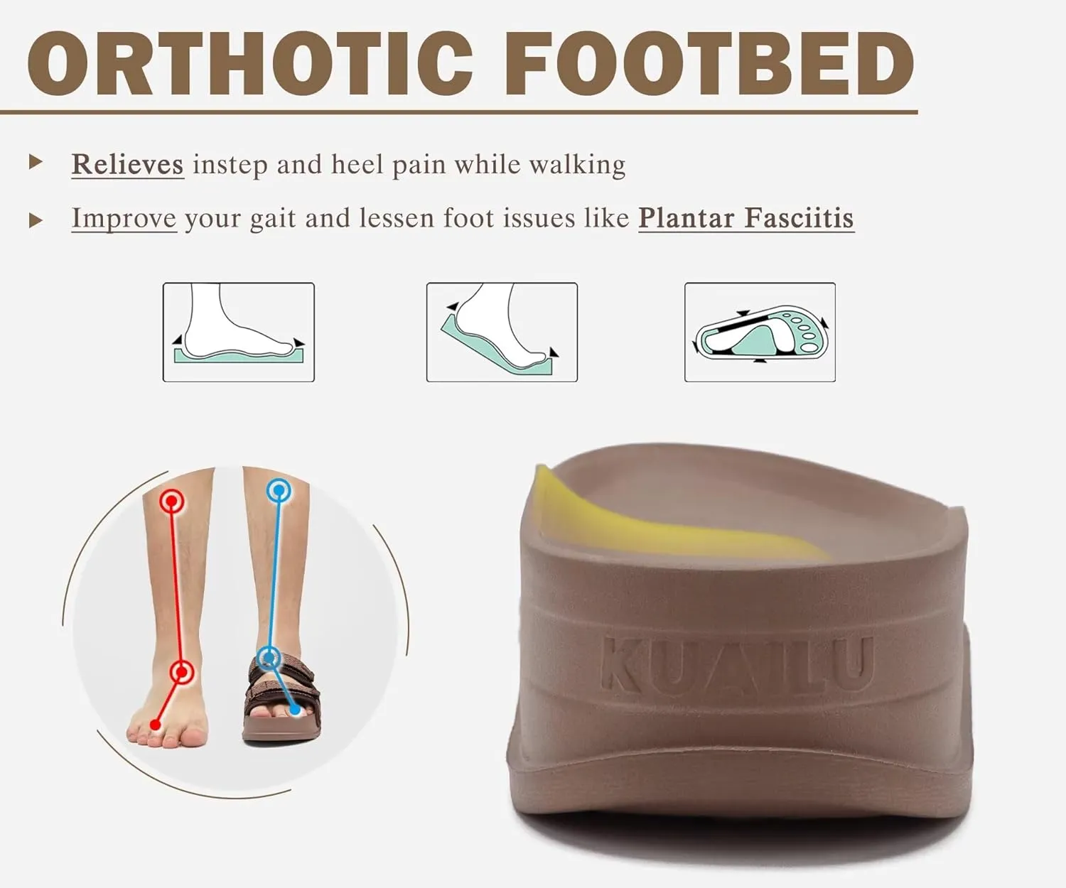 KuaiLu Mens Casual Sandals with Comfortable Orthopedic Arch Support Summer Beach Walking Shoes Cushion Slides Slip on Indoor Outdoor