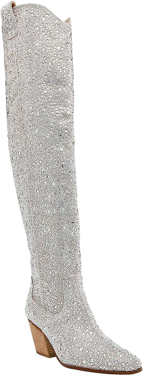 KVZFNZ Women's Cowboy Boots - Western Cowgirl Over The Knee High Boots With Rhinestone, Chunky Stacked Heel, Pointed Toe, Pull-on