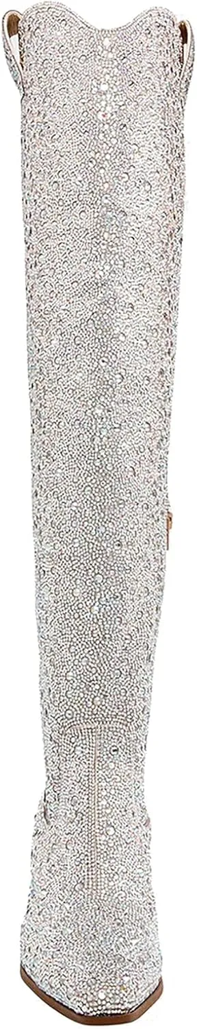 KVZFNZ Women's Cowboy Boots - Western Cowgirl Over The Knee High Boots With Rhinestone, Chunky Stacked Heel, Pointed Toe, Pull-on