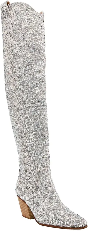 KVZFNZ Women's Cowboy Boots - Western Cowgirl Over The Knee High Boots With Rhinestone, Chunky Stacked Heel, Pointed Toe, Pull-on