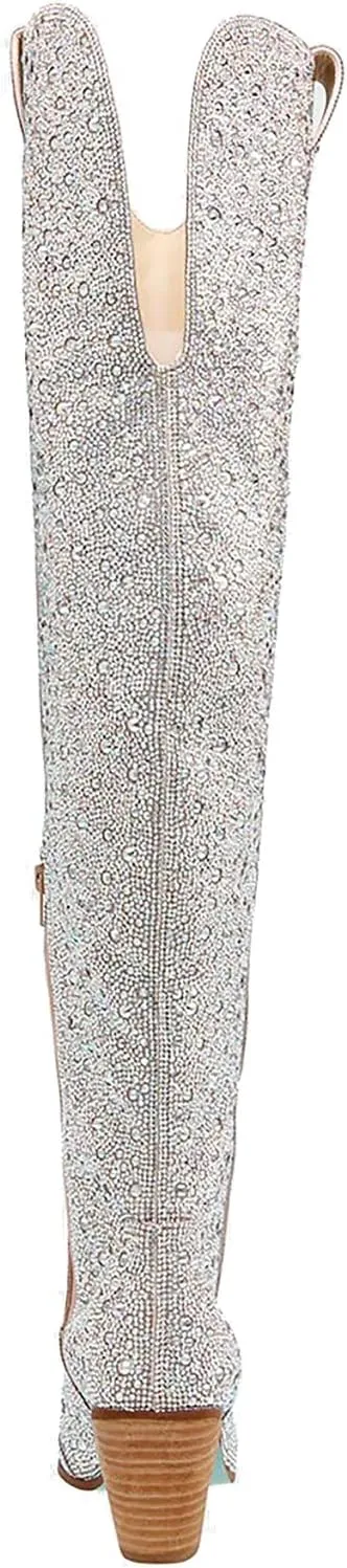 KVZFNZ Women's Cowboy Boots - Western Cowgirl Over The Knee High Boots With Rhinestone, Chunky Stacked Heel, Pointed Toe, Pull-on