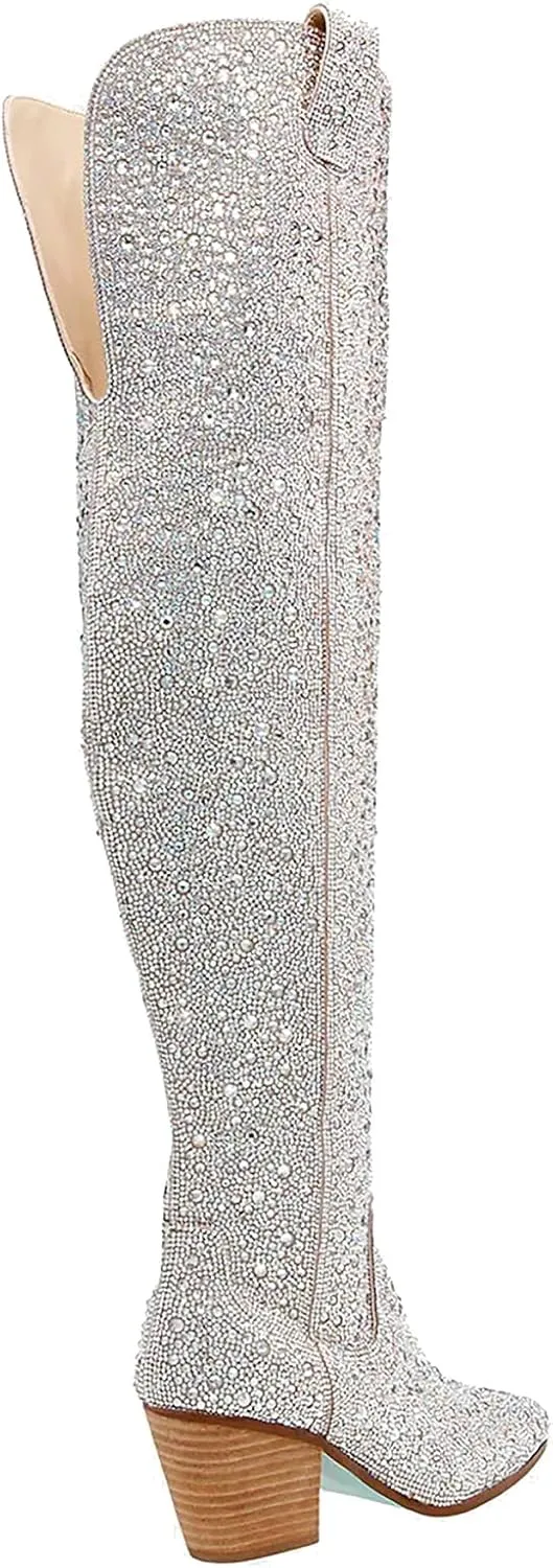 KVZFNZ Women's Cowboy Boots - Western Cowgirl Over The Knee High Boots With Rhinestone, Chunky Stacked Heel, Pointed Toe, Pull-on