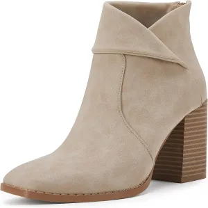LAICIGO Women's Square Toe Ankle Boots High Chunky Stacked Heel Slip On Criss Cross Zipper Booties