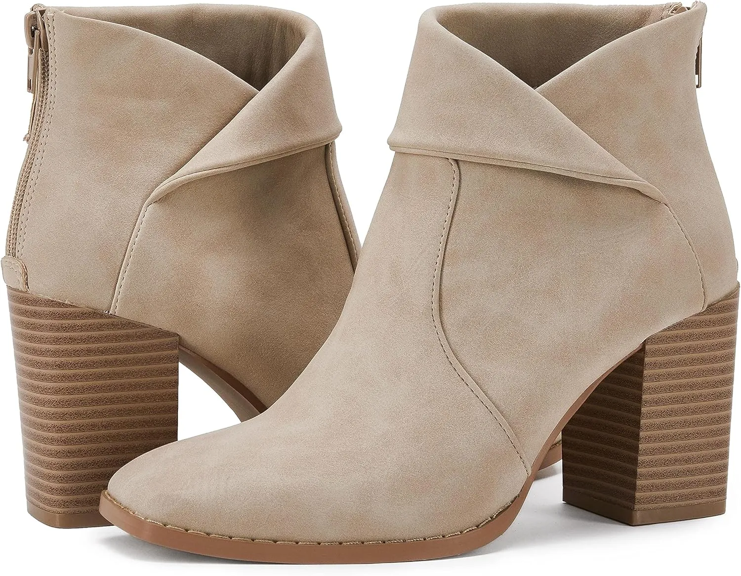 LAICIGO Women's Square Toe Ankle Boots High Chunky Stacked Heel Slip On Criss Cross Zipper Booties