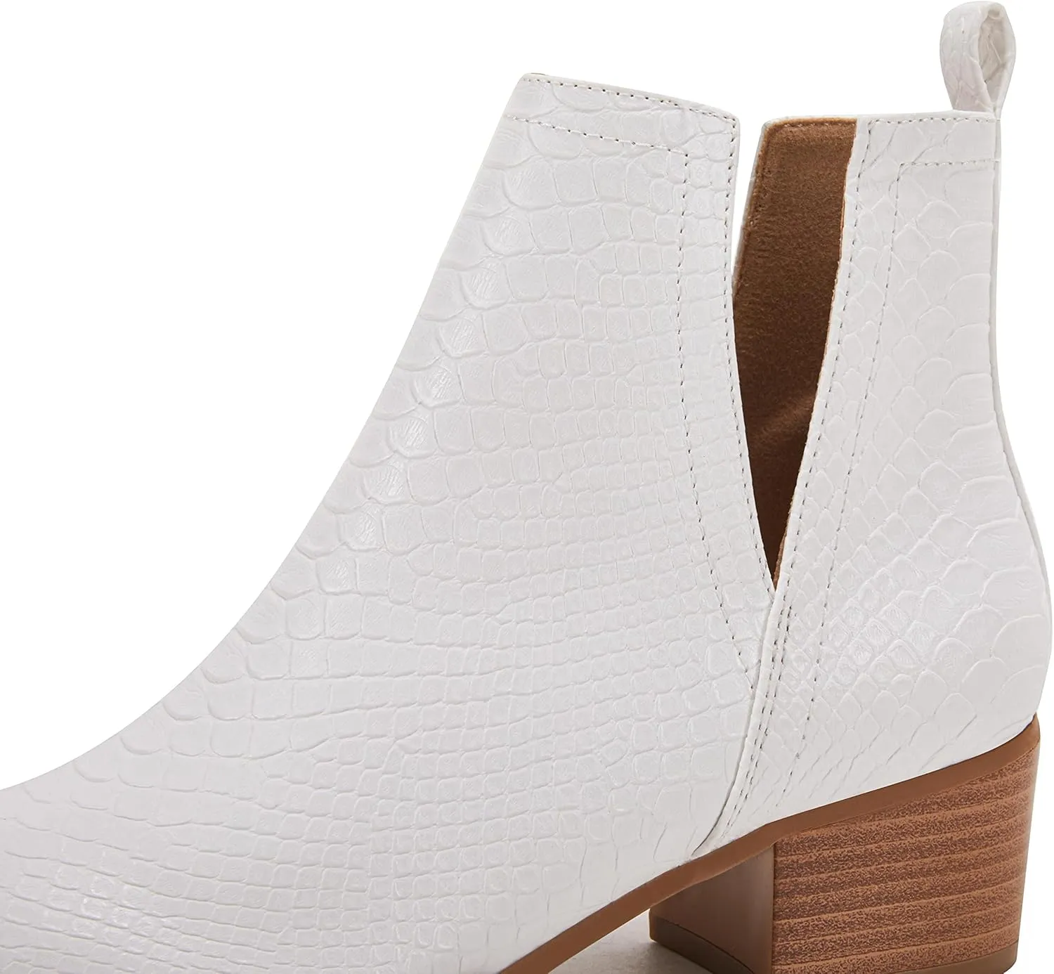 LAICIGO Women's V Cut Ankle Booties Low Stacked Heel Closed Toe Perforated Slipon Faux Leather Western Boots