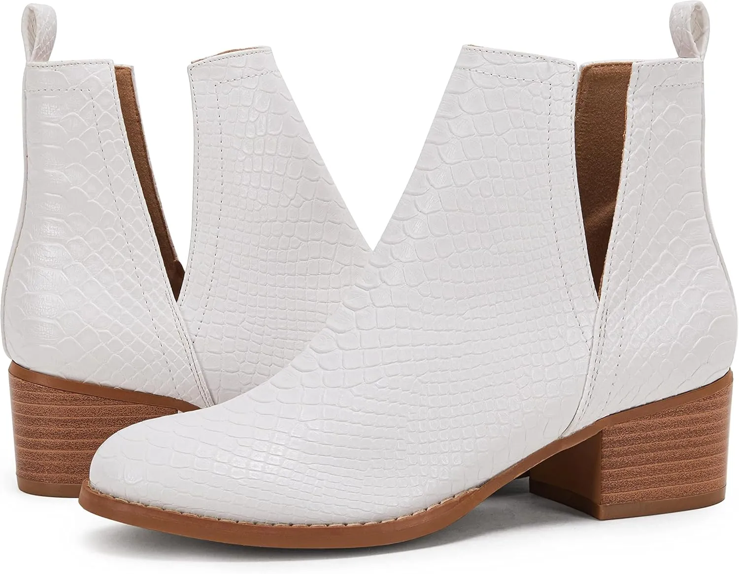 LAICIGO Women's V Cut Ankle Booties Low Stacked Heel Closed Toe Perforated Slipon Faux Leather Western Boots